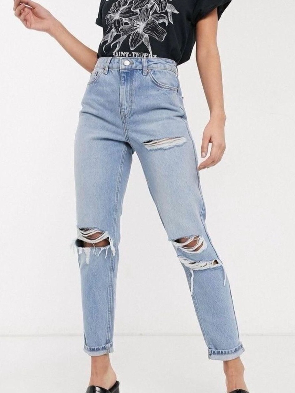 Topshop Distressed Ripped Mom Jeans Light Wash W25 L28